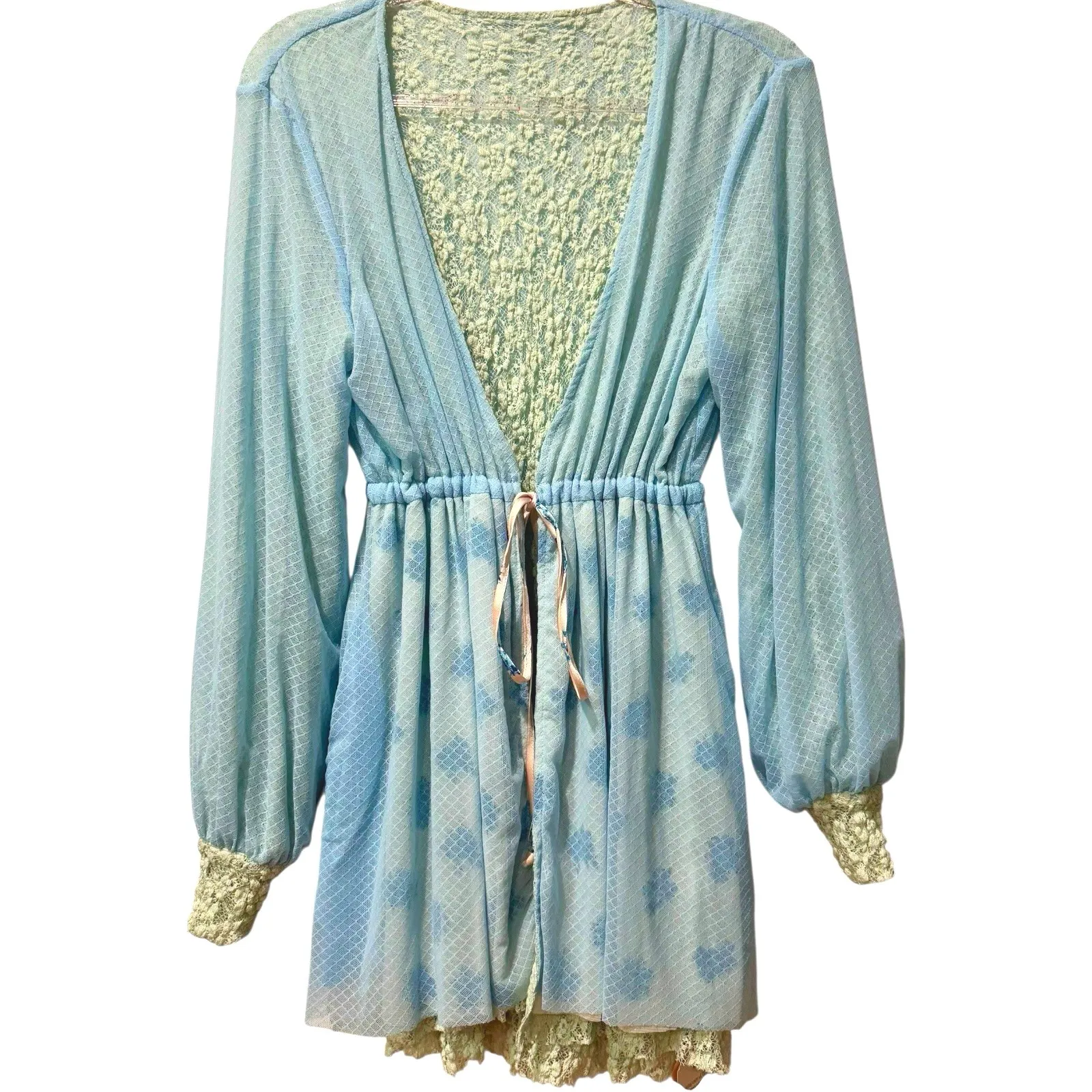 NWT Free People We Are HAH Make It A Double Lace Reversible Robe French Blue‎ XS Blue - Image 2
