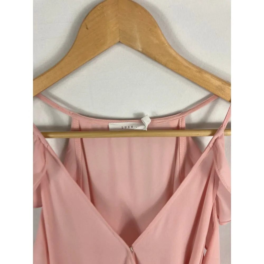 Lush Cold Shoulder Wrap Ruffle Tie Front Maxi Dress Pink Size Medium - Image 4