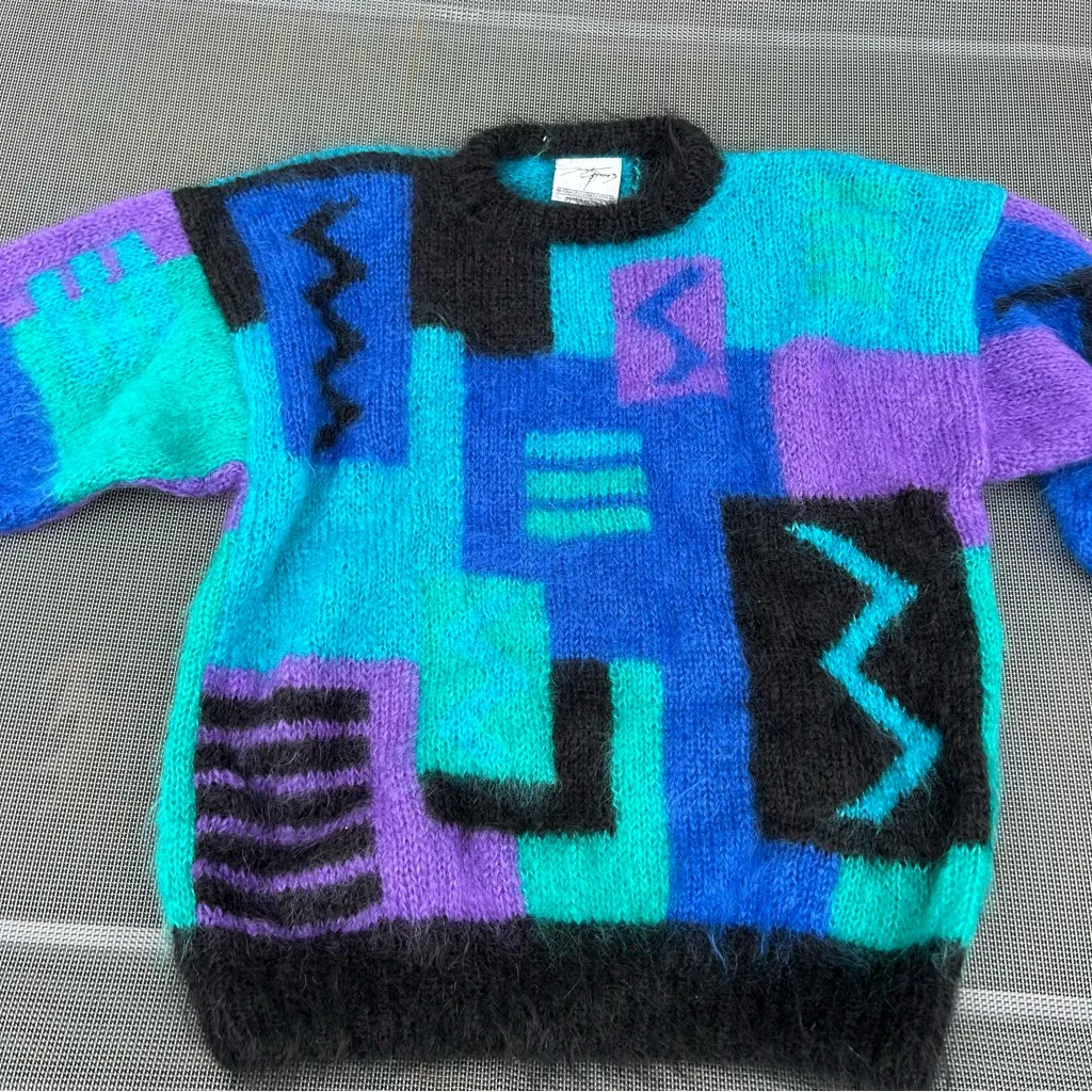 Vintage 80s Mohair Cardigan: Funky Abstract Geometric Sweater by soft options Purple Size XL - Image 5