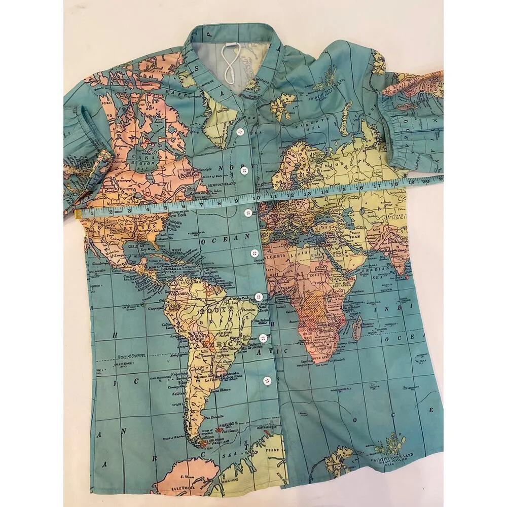 Unbranded Button Down Women’s World Map Shirt 3/4 Sleeves EUC Sz S Blue Graphic - Image 7
