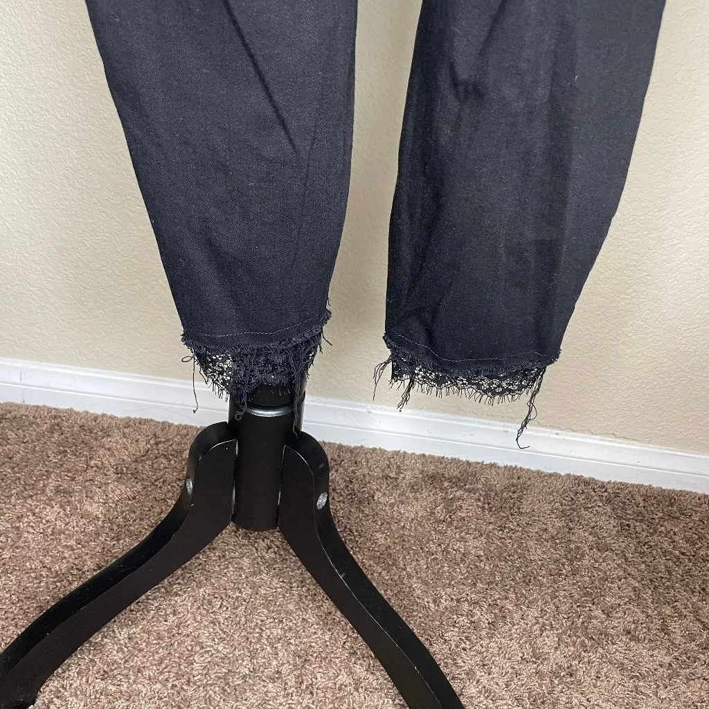 Premium Size 10S Stretch Black Stiletto Lace Raw Hem Ankle Skinny Jeans - Image 7