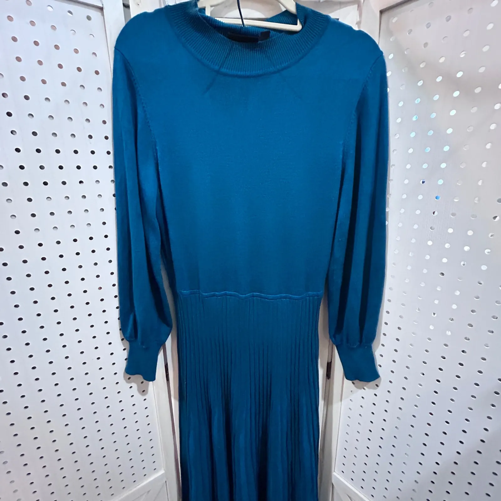 Ninal Leonard Teal Knit Mock Neck Sweater Dress Ribbed Midi Long Sleeve Size L Blue Size L - Image 4