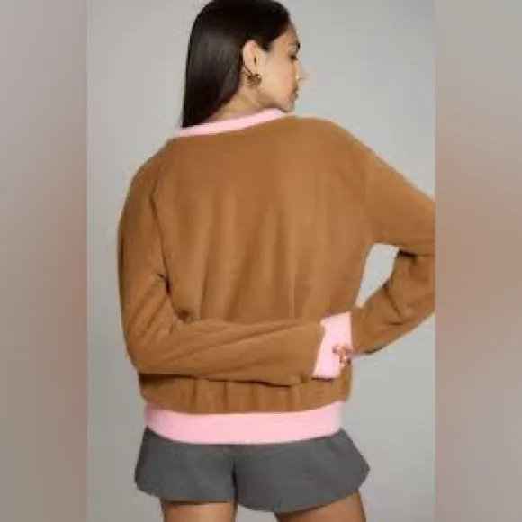 Maeve Anthropologie Cozy Ringer Brown and Pink Fuzzy Sweatshirt Size Medium EUC - Image 4