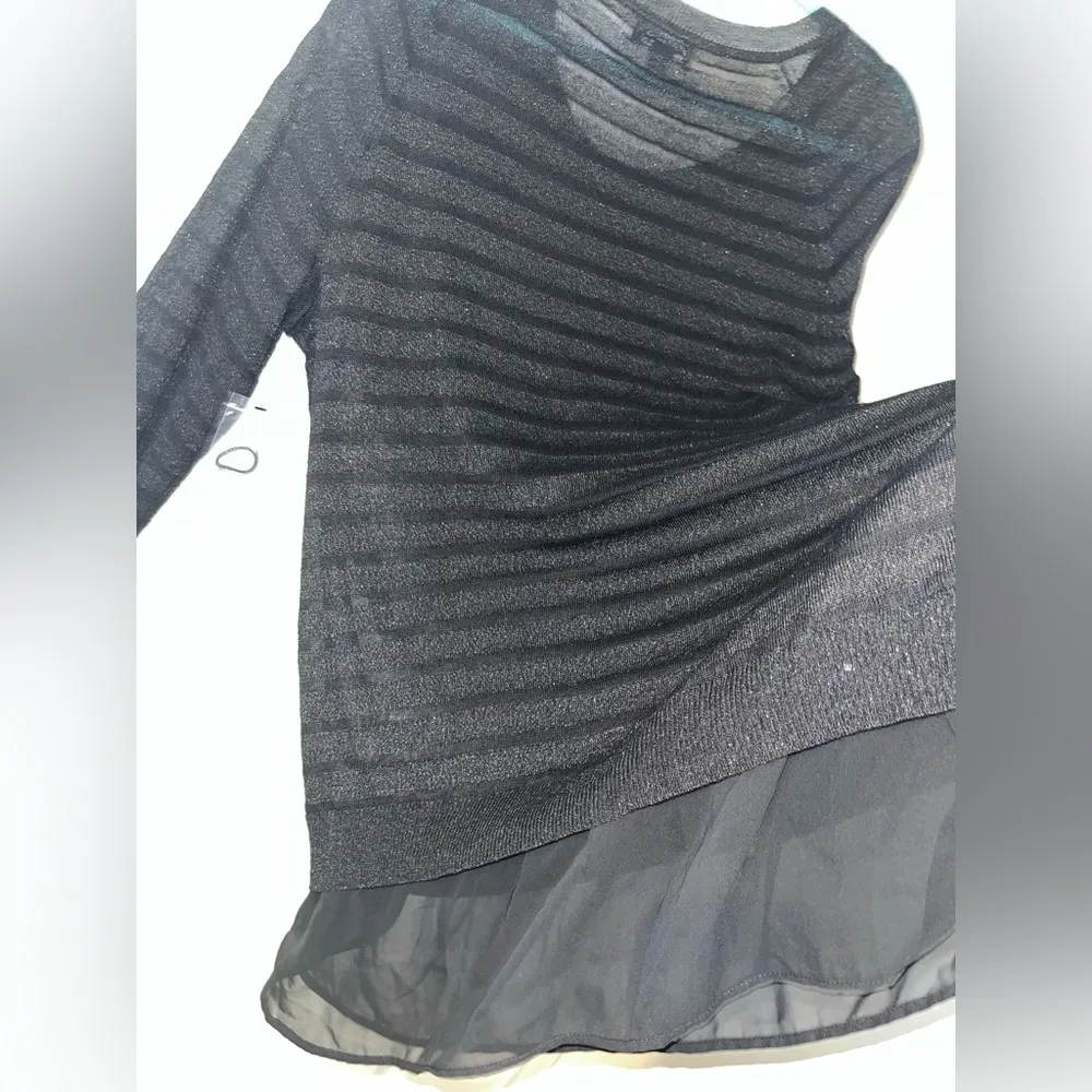 ANA A New Approach NWT Black Sheer Stripes Shimmer Ruffle Trim Knit Sweater Top - Image 7