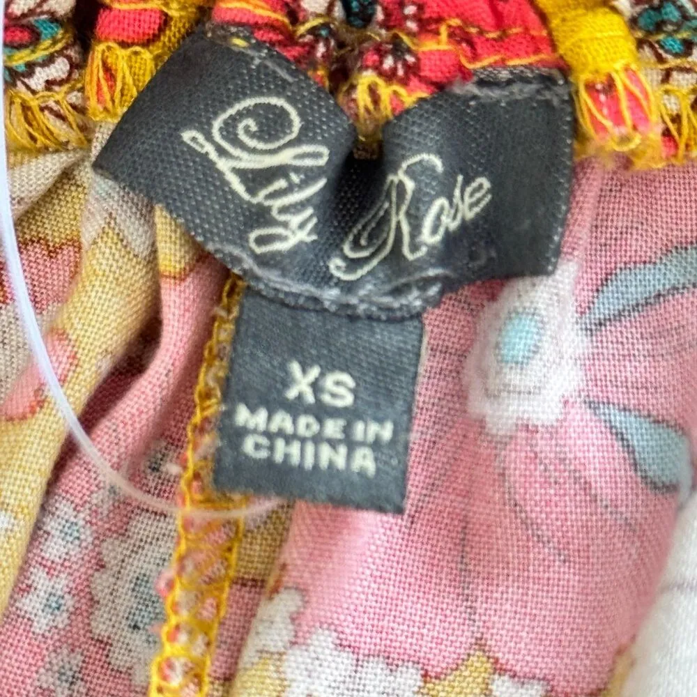 Lily Rose Romper Womens XS Yellow Floral Short Sleeve Cross Back Pockets Cottage - Image 5