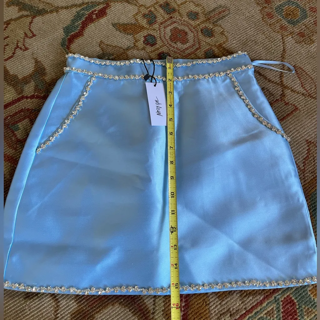 NWT: Nasty Gal Embellished Satin Twill Light Blue Mini Skirt - Image 2