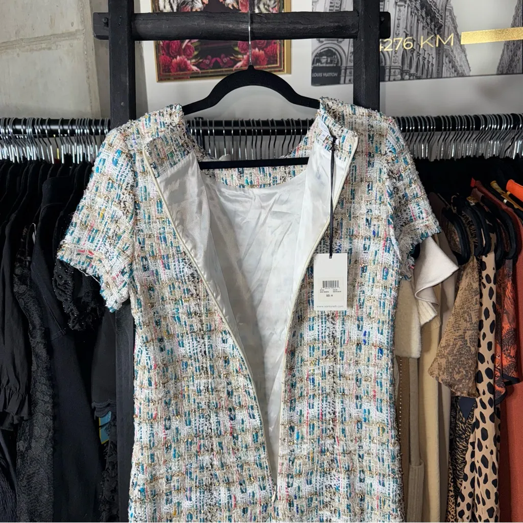 Santorelli Multicolor Metallic Fringed Tweed Shift Dress NWT $495 White Size 8 - Image 9