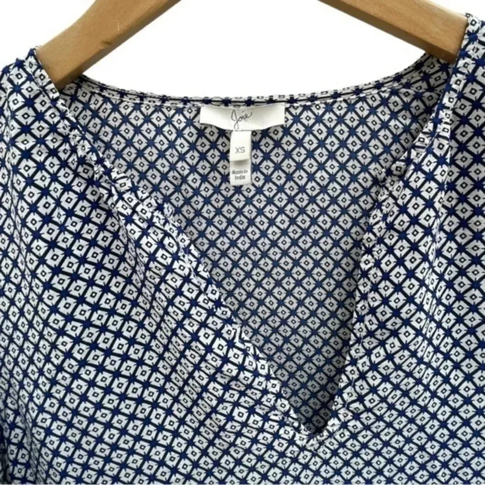 JOIE Silk Tunic Dress Women's‎ Size XS Blue Cream Geometric Long Sleeve V-Neck‌ - Image 3