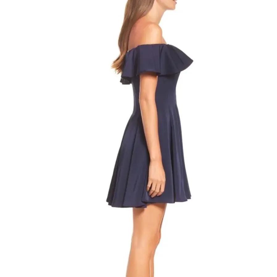 La Femme 4 Ruffled Off-Shoulder Modest Prom A-line Mini Dress Navy - Image 6