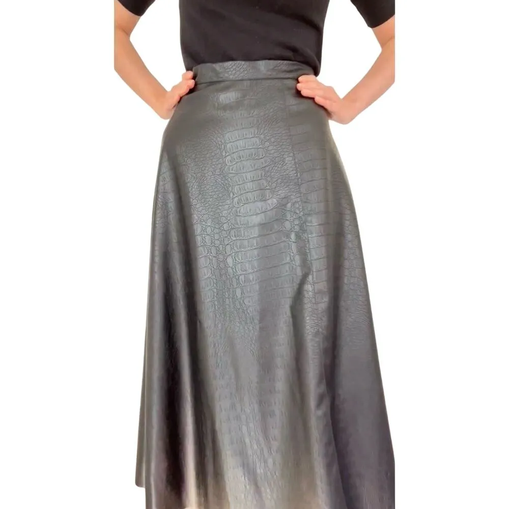 8 by YOOX Black Faux Leather Crocodile Maxi Skirt, Size Large, New with Tags - Image 8