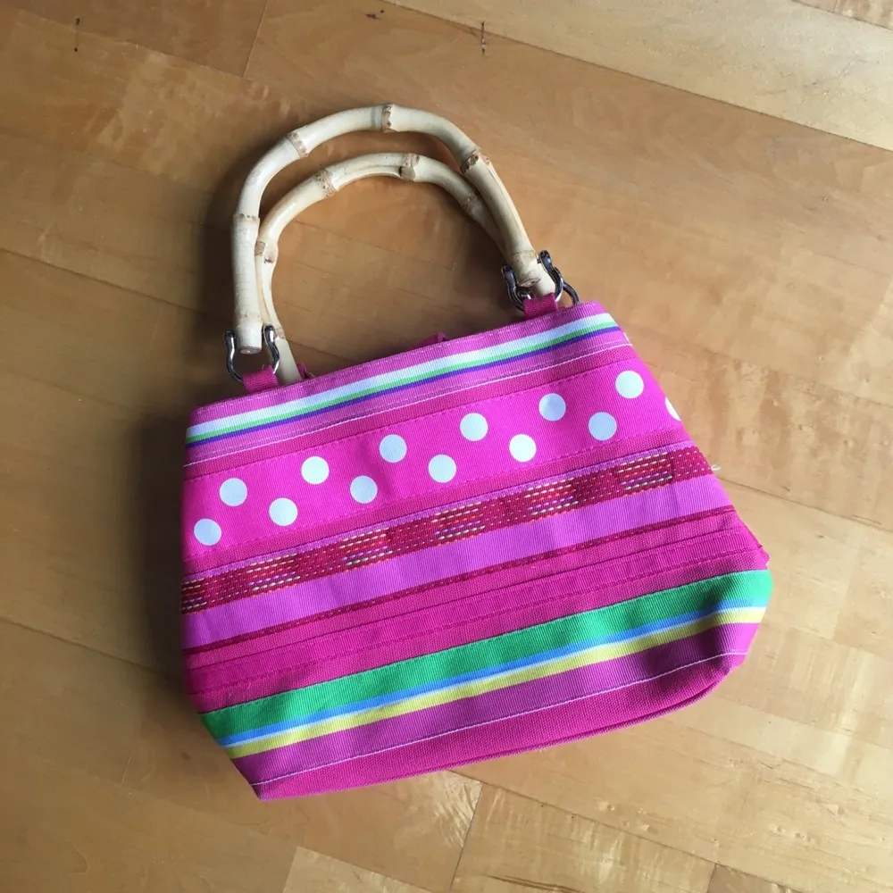 Mercer & Madison Bamboo Handle Mini Bag, Stripes, Polka Dots, Neon Pink, Green Pink - Image 14