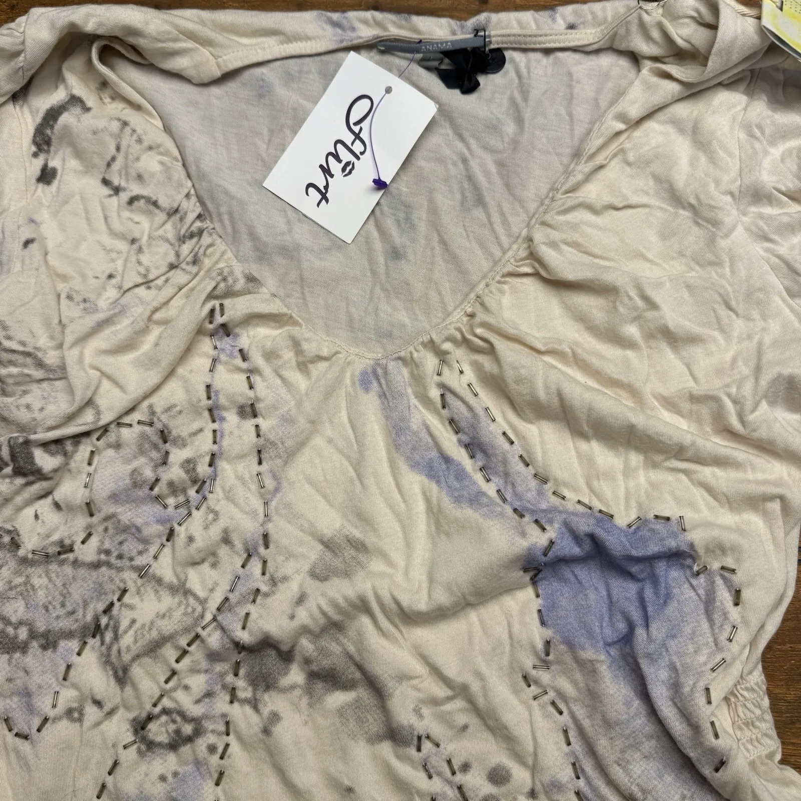 ANAMA Women's Size L Long Sleeve T-Shirt Button‎ Sleeves Beaded Abstract NWT - Image 3