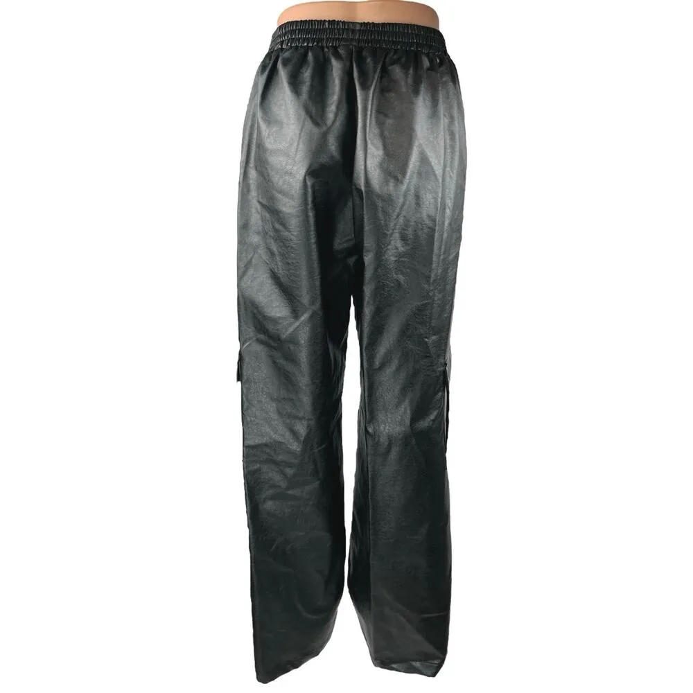 Princess Polly Black Faux Leather Straight Wide Leg High Waist Trousers Pants 6 - Image 3