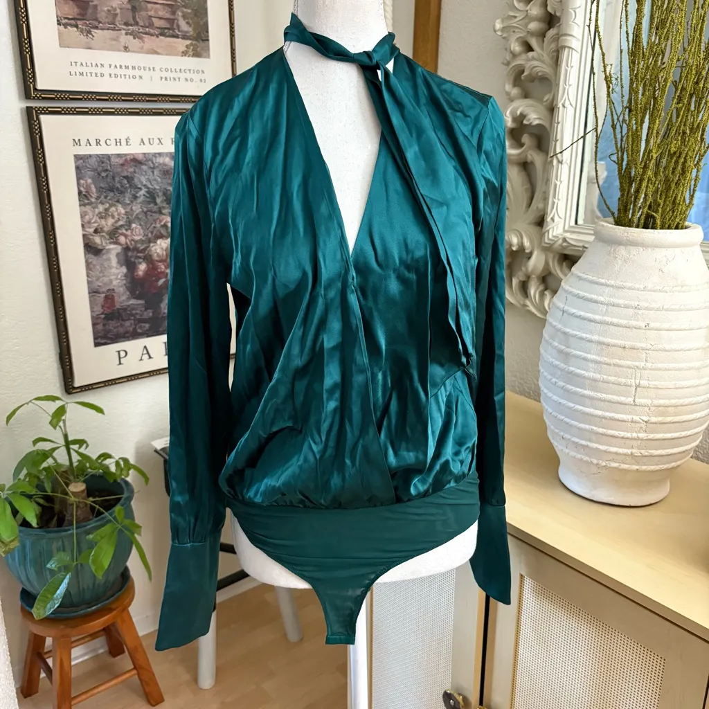 JONATHAN SIMKHAI‎ Wrap Front Silk Charmeuse Bodysuit
In Deep Emerald Size XS NWT Green - Image 2
