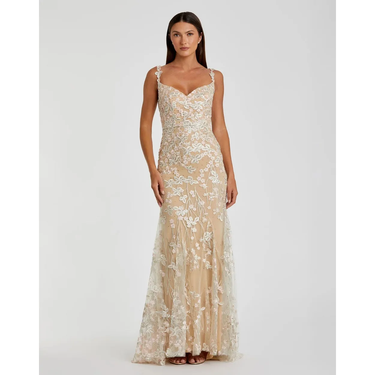 Mac Duggal Embroidered Floral Tulle Gown formal dress nude pink white Size 4 - Image 10