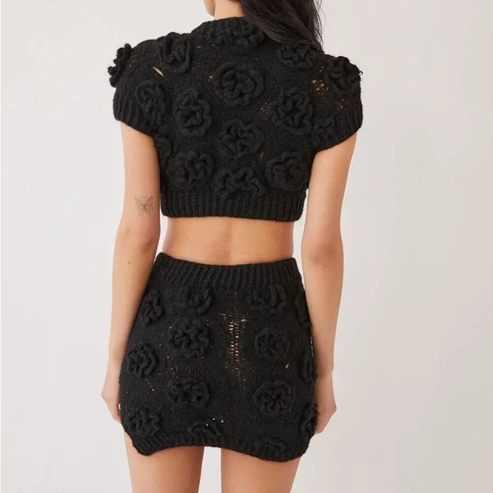 Tach Clothing Women’s Polina Top Elena Crochet Knit Skirt Set Black Rosettes S - Image 5