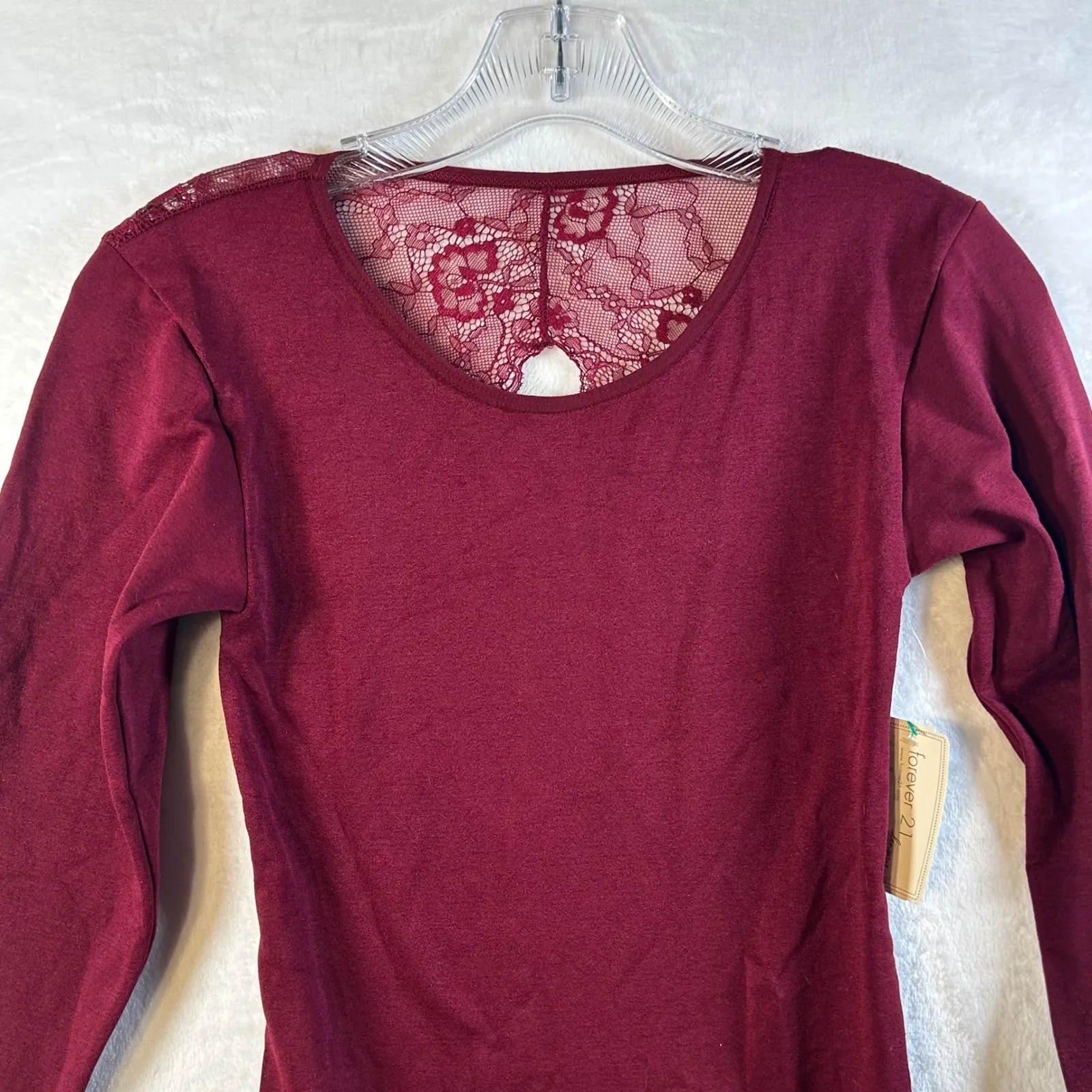 Forever 21 Burgundy Lace Back Long Sleeve Thong Bodysuit Size Medium/Large - Image 2