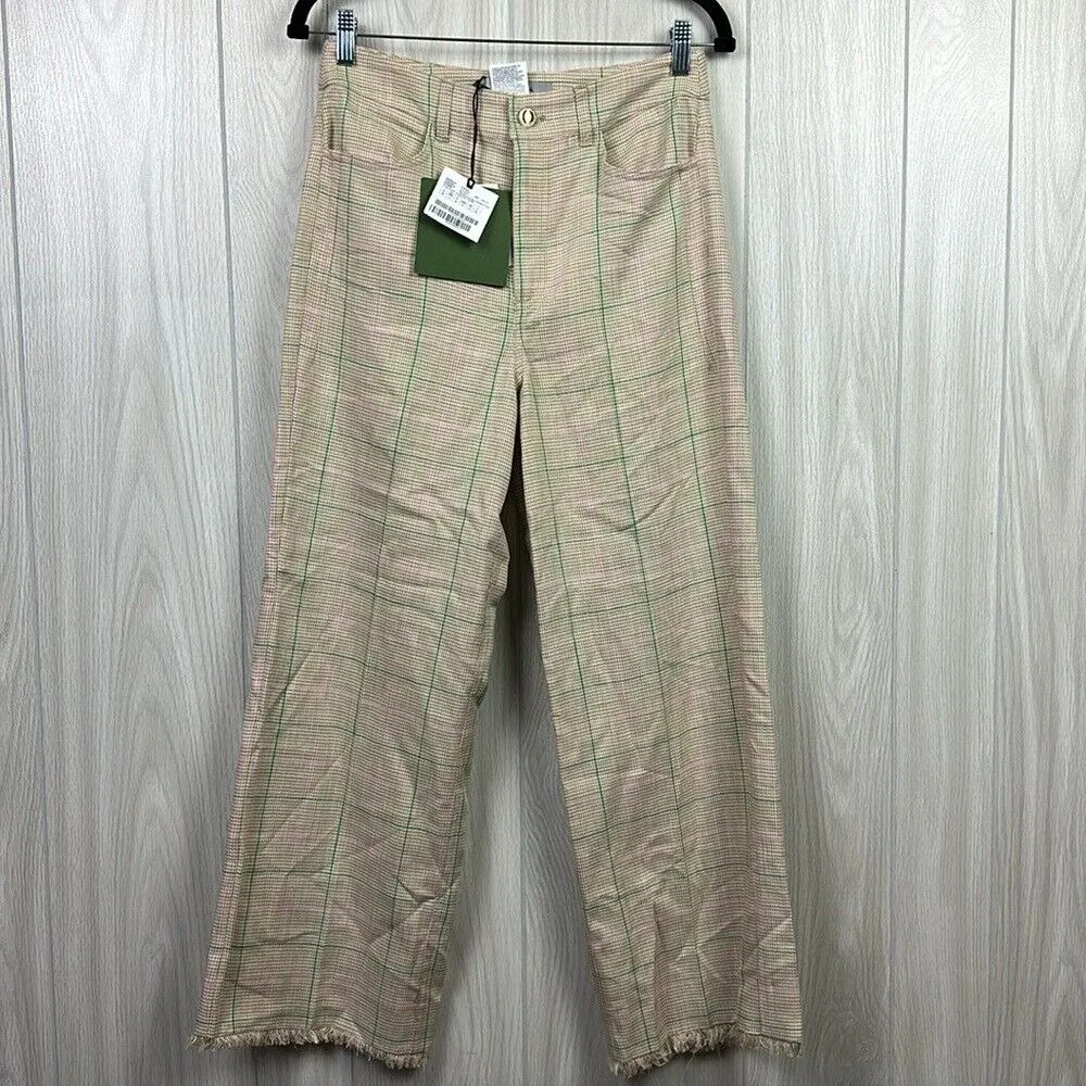 MARELLA Womens Pirenei Trouser Pants‎ 6 Tan Plaid Wide Leg Raw Hem High Rise Brown - Image 2