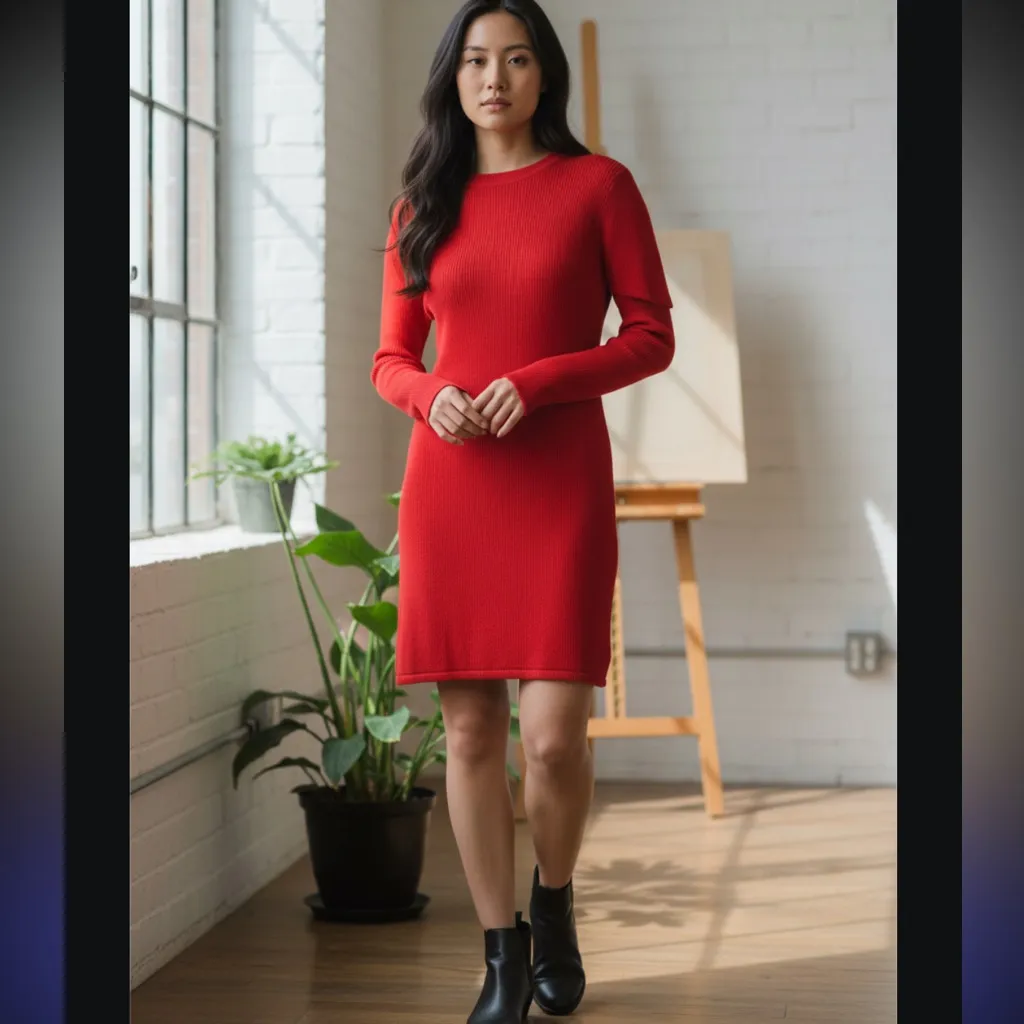 JACQUEMUS ORANGE-RED RIBBED FINE WOOL CREWNECK LONG SLEEVE THUMBHOLE DRESS L 40 - Image 9