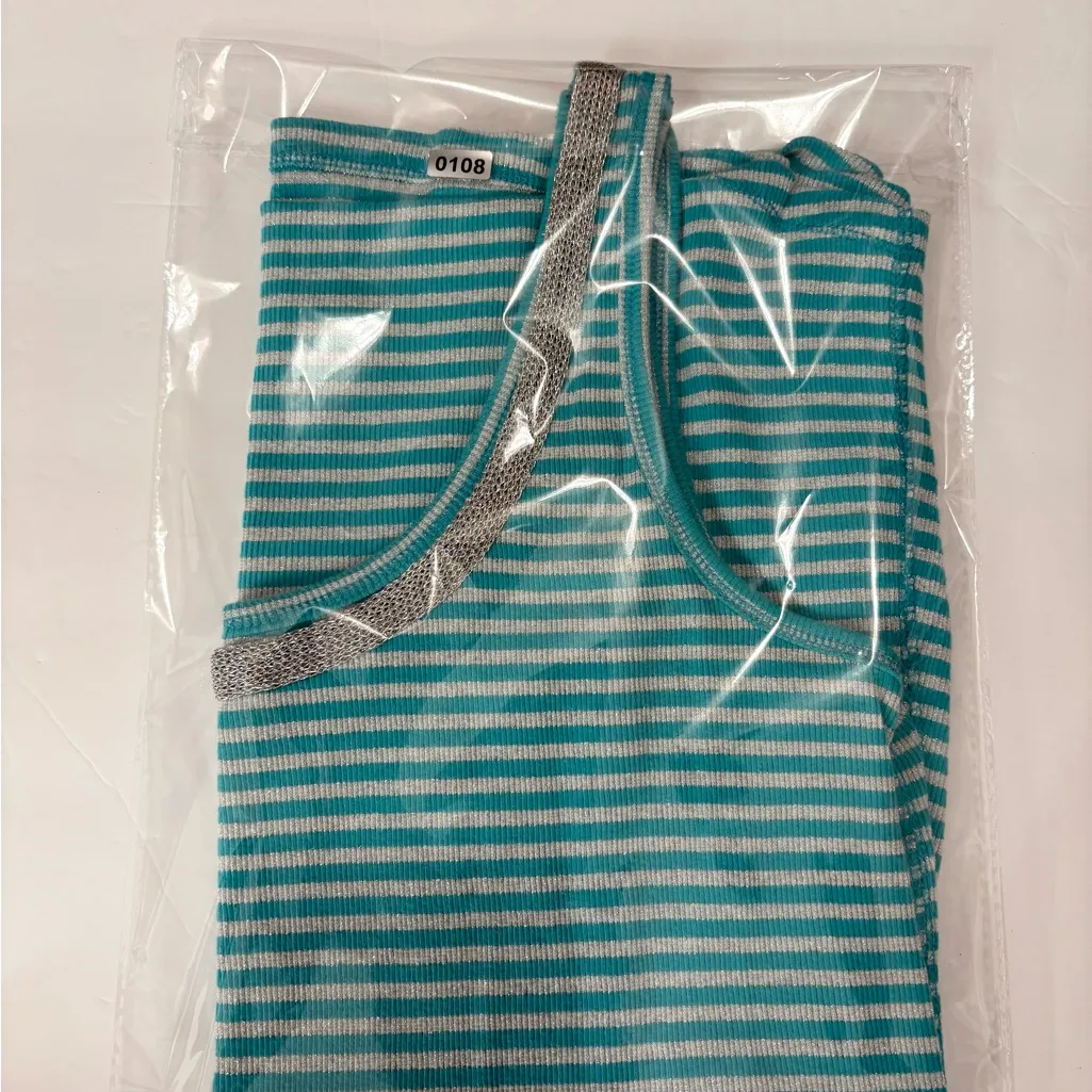 Lane Bryant Striped Ribbed Tank Top Glitter Scoop Neck Stretch Teal/Silver Glam - Image 9