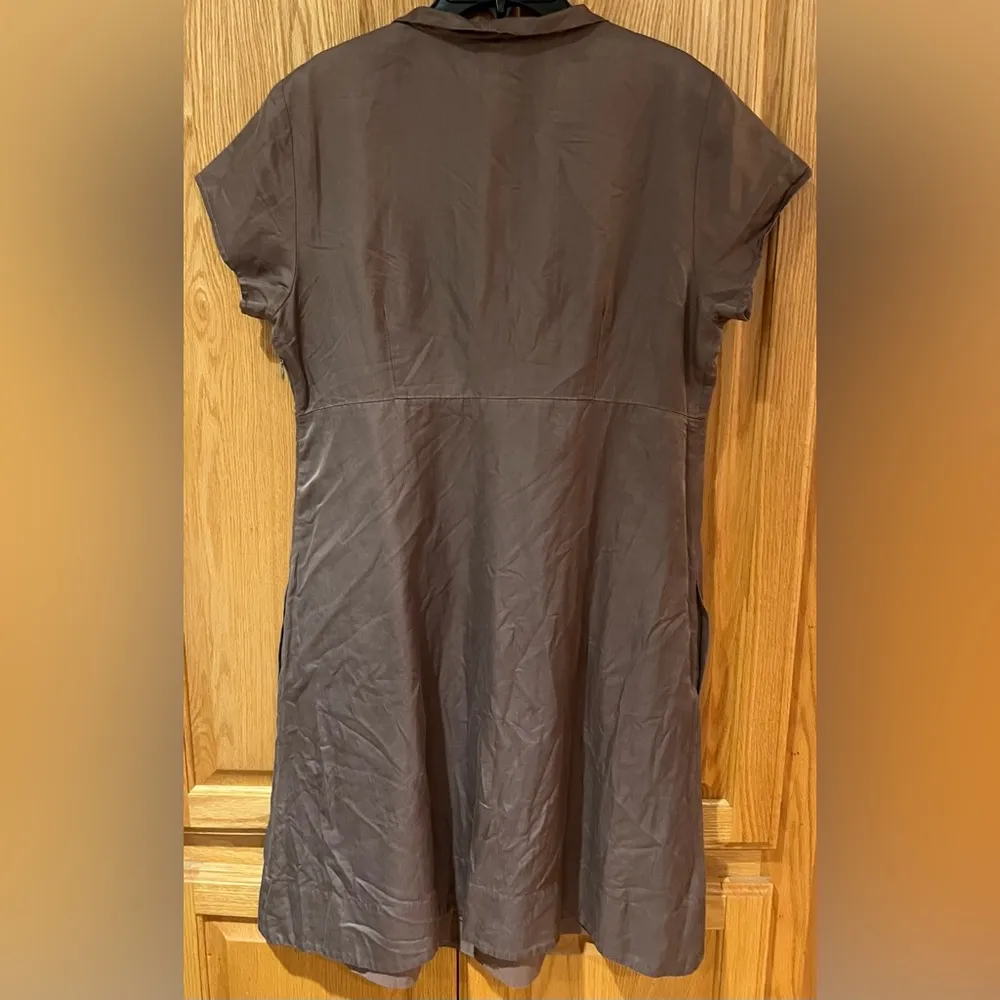 Eileen Fisher Short Sleeve Collared Faux Wrap A-Line Brown Silk Blend Dress Sz M - Image 6