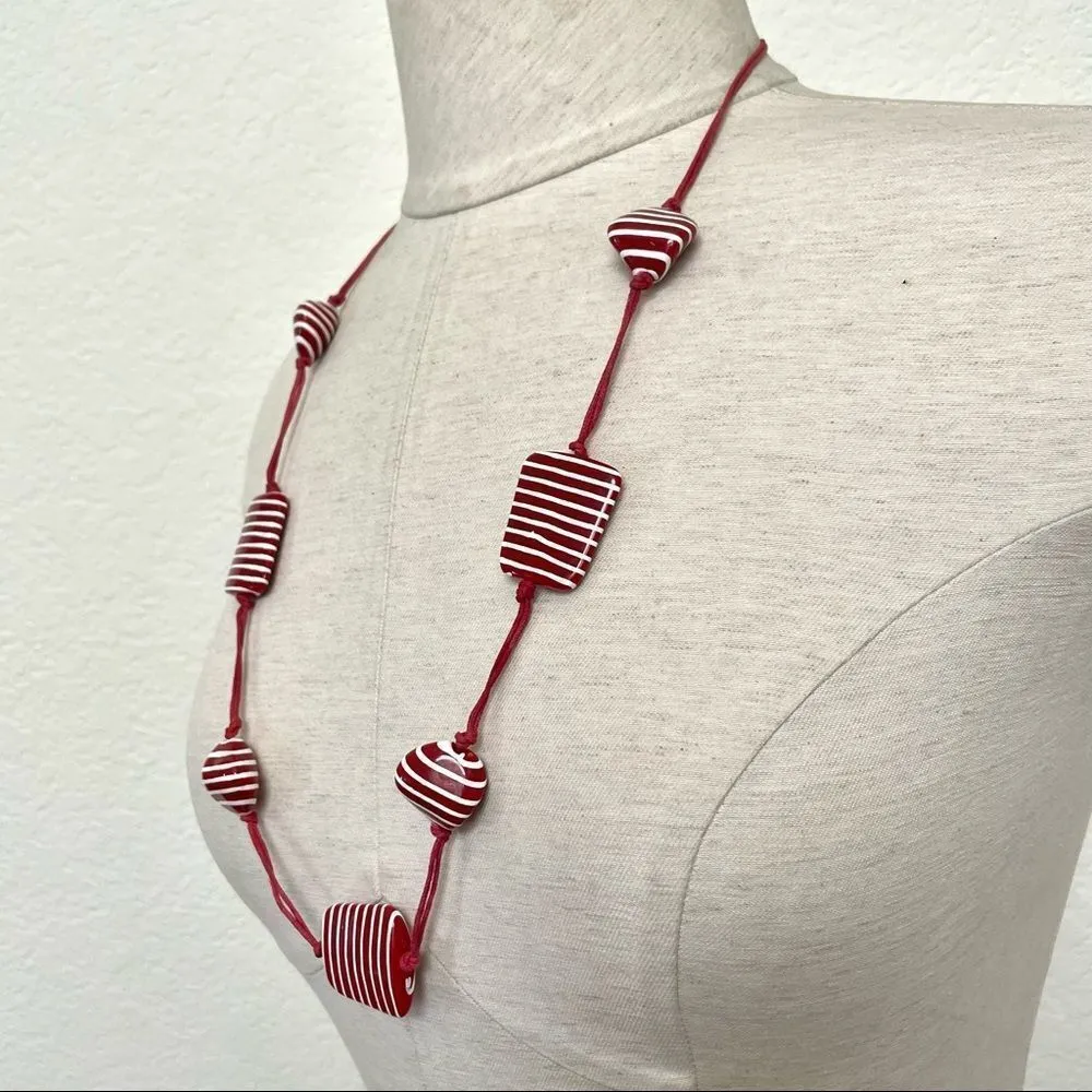 Red and white stripe beaded necklace on cord - Image 2