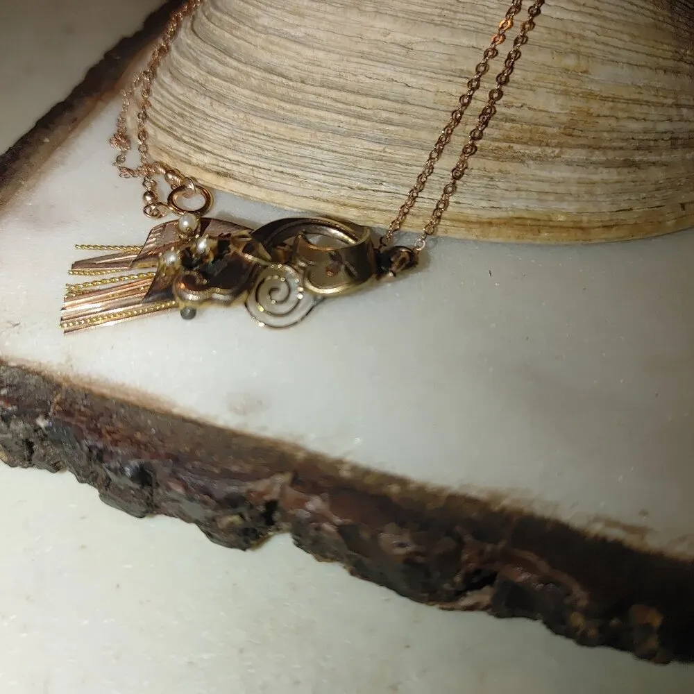 Vintage 12K Gold Moveable Intricate Pendant Necklace 14K GF Chain Pearl Accents - Image 15