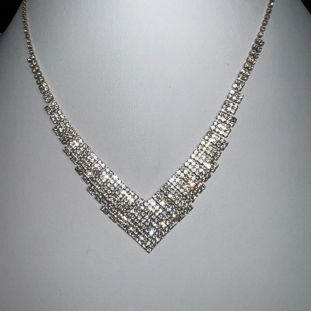 Vintage 80s Prong Set Rhinestone V Necklace (see pics and description) - Image 2