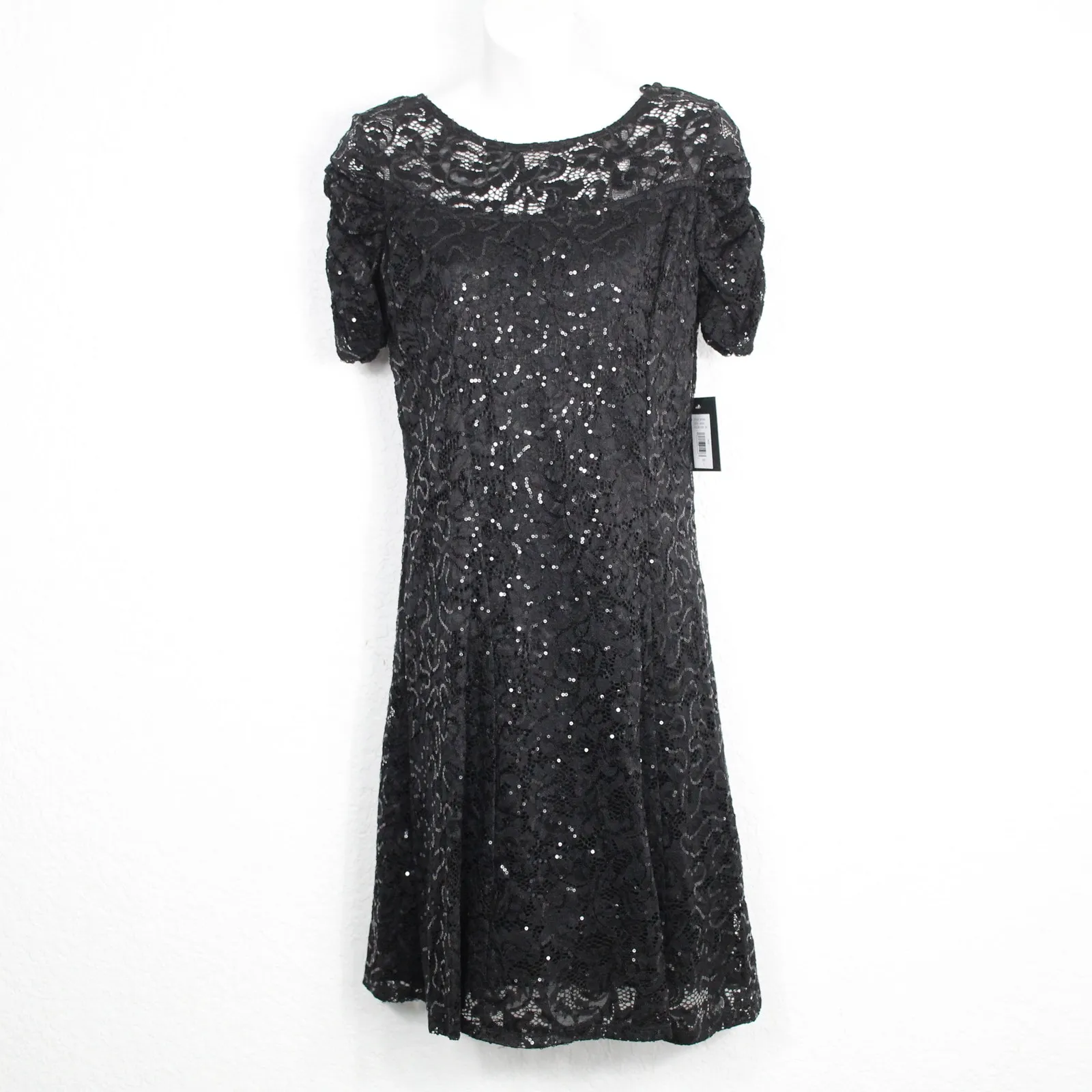Marina Ruched Sleeves Lace Sequins Dress Size S V Neck Short Sleeve Black - Image 4