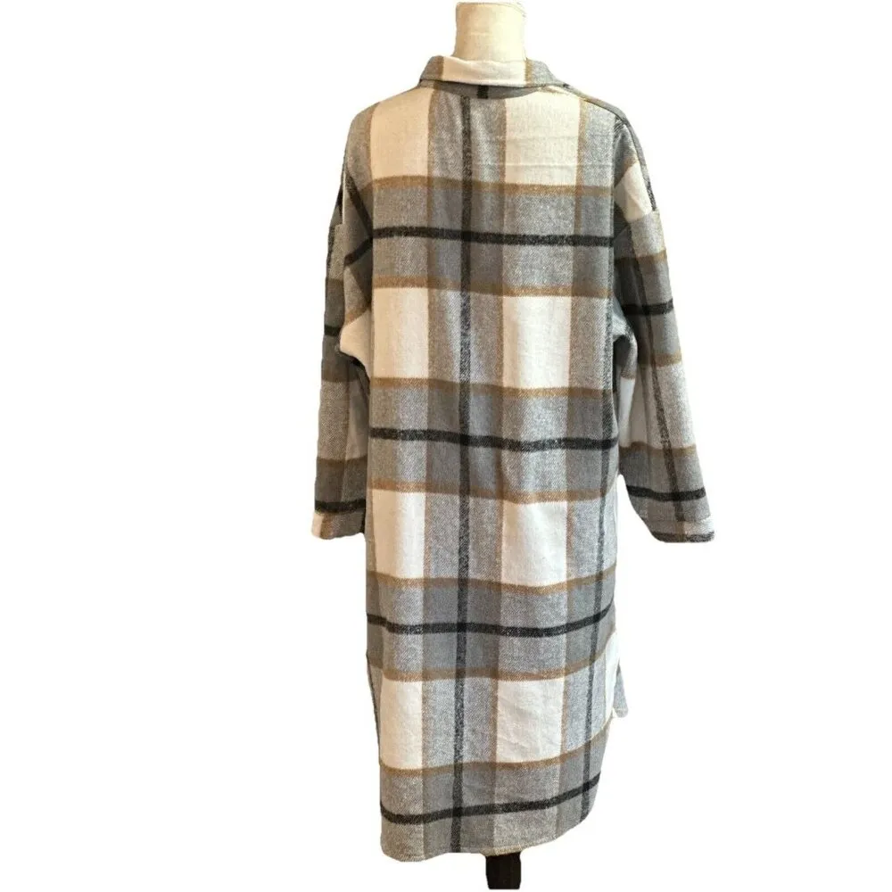 Women’s Shacket Tartan Long Open Black Grey Plaid Utility Jacket Pocket Size L Gray Size L - Image 2