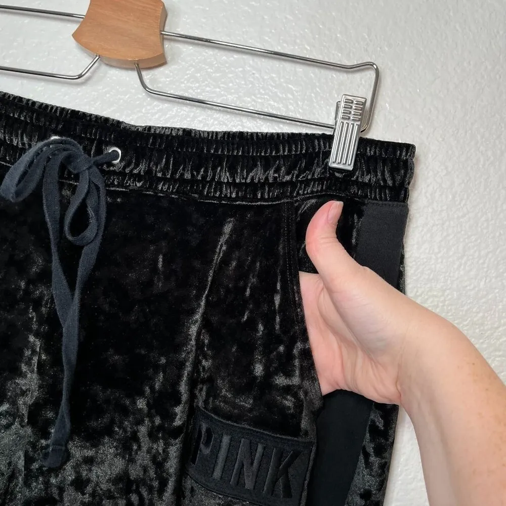 Victorias Secret PINK Womens Black Velvet Drawstring Jogger pants Size L - Image 6