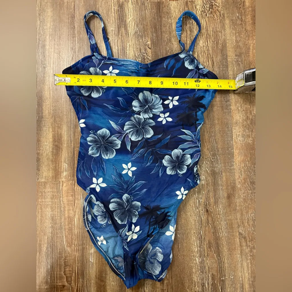 Leilani Vintage 90’s Blue Floral Hawaiian One Piece Swimsuit Padded Bra Vacation Size 8 - Image 3