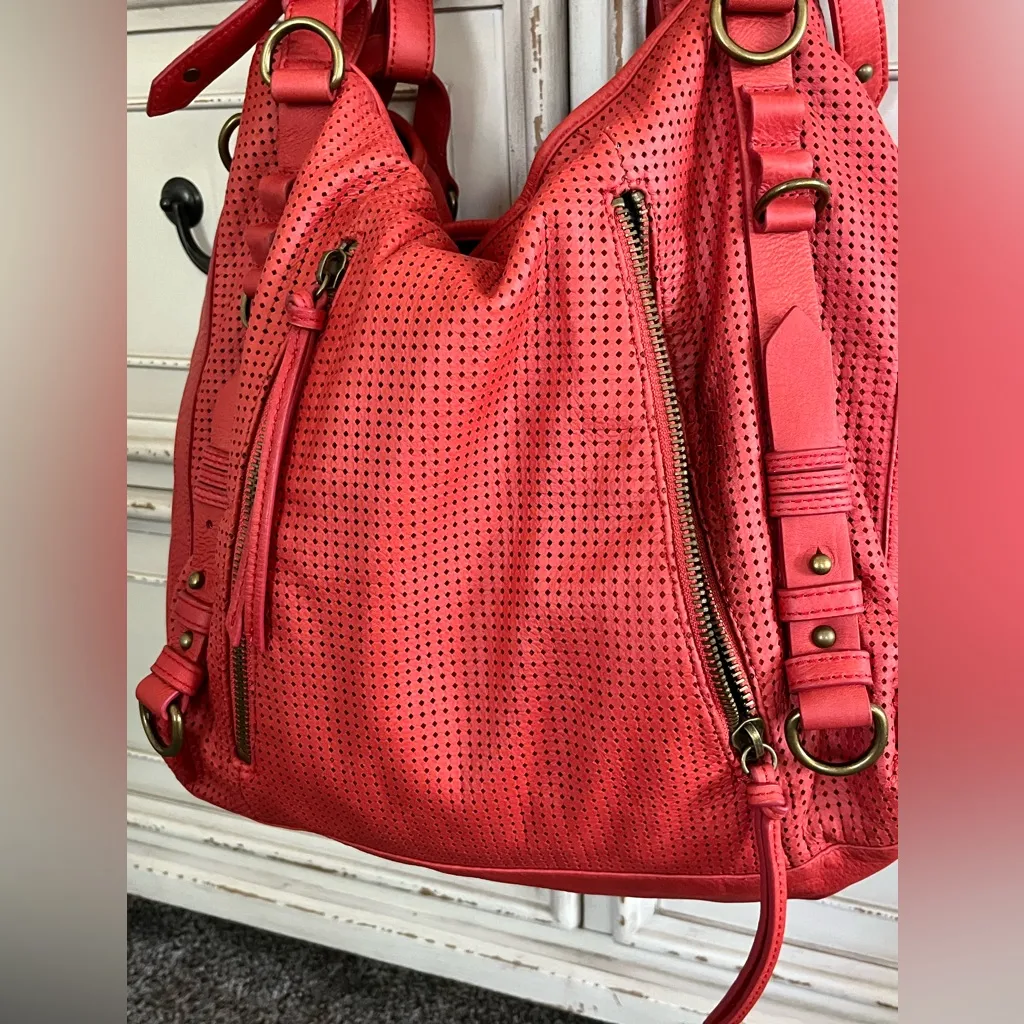 Joelle Hawkins Soft Leather Slouchy Erin Large Perforated Lined Hobo Red - Image 5