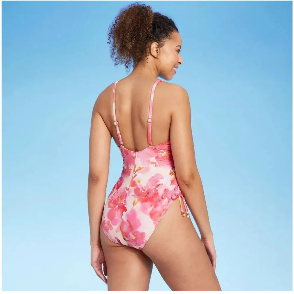 Shade & Shore Plunge Side-Tie One Piece Swimsuit Pink Floral - Image 2