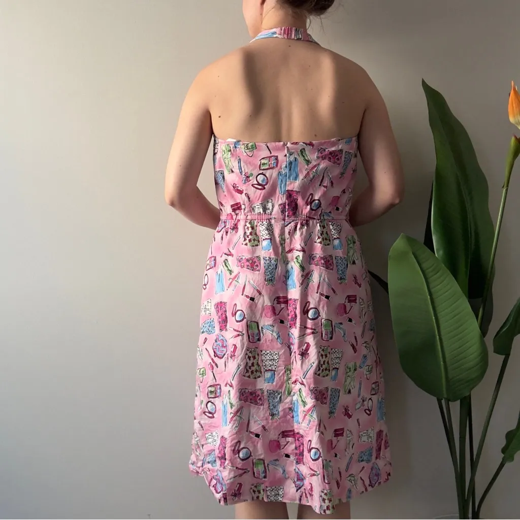 Vintage 90s–2000s Danny & Nicole Pink Patterned Halter Dress Girly Makeup Print Size 12 - Image 2