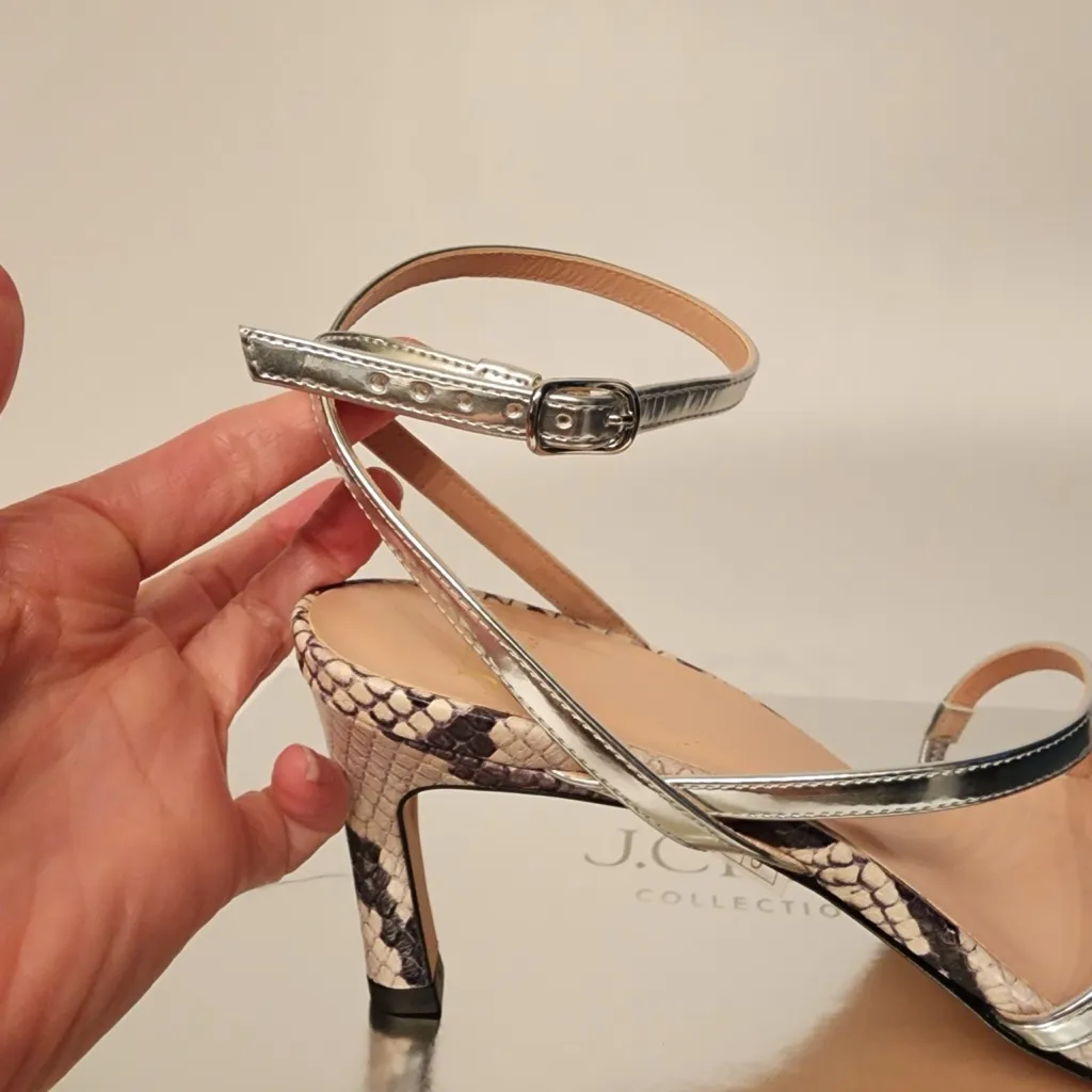 J. Crew Made-in-Italy Curved Heel Sandals Metallic Leather Snake Print Size 9.5 - Image 8