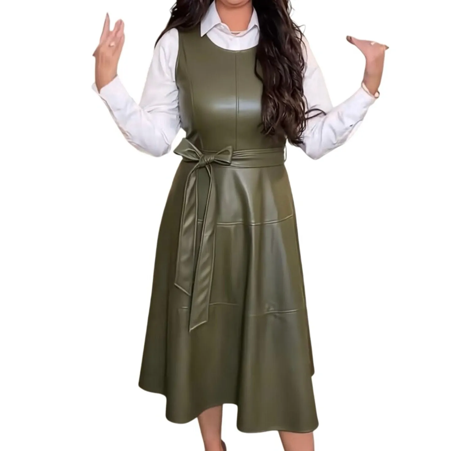 CHARTOU PU Faux Leather Sleeveless Dress with Belt in Olive Size XXL New w/ Tag Green - Image 3