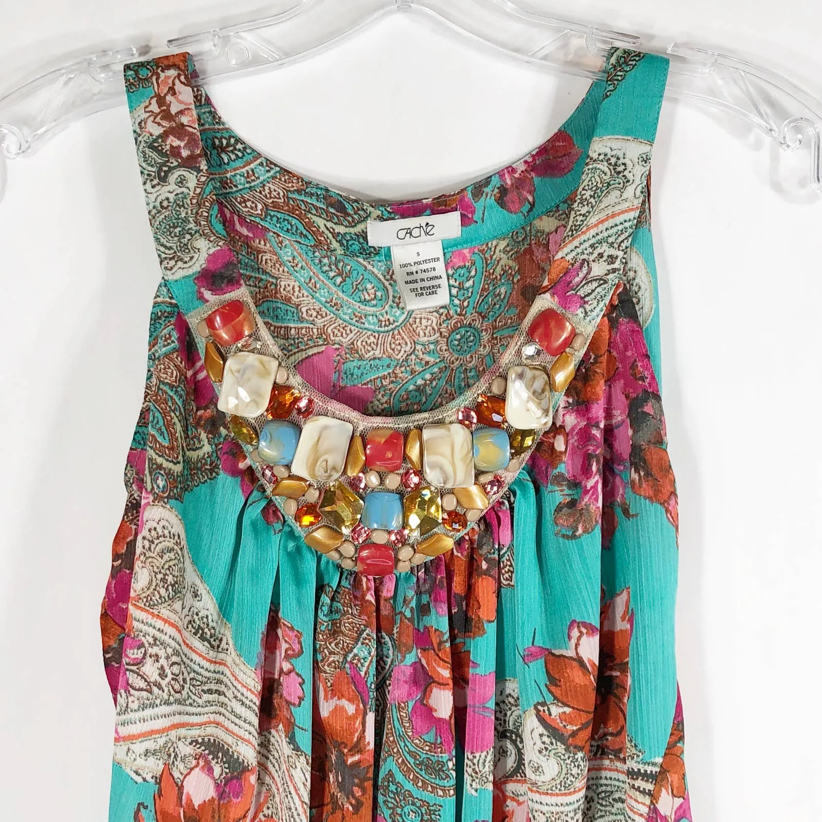 Cache Small Top Green Red Beaded Stones Banded‎ Cami Tank Sleeveless Chiffon 557 - Image 3