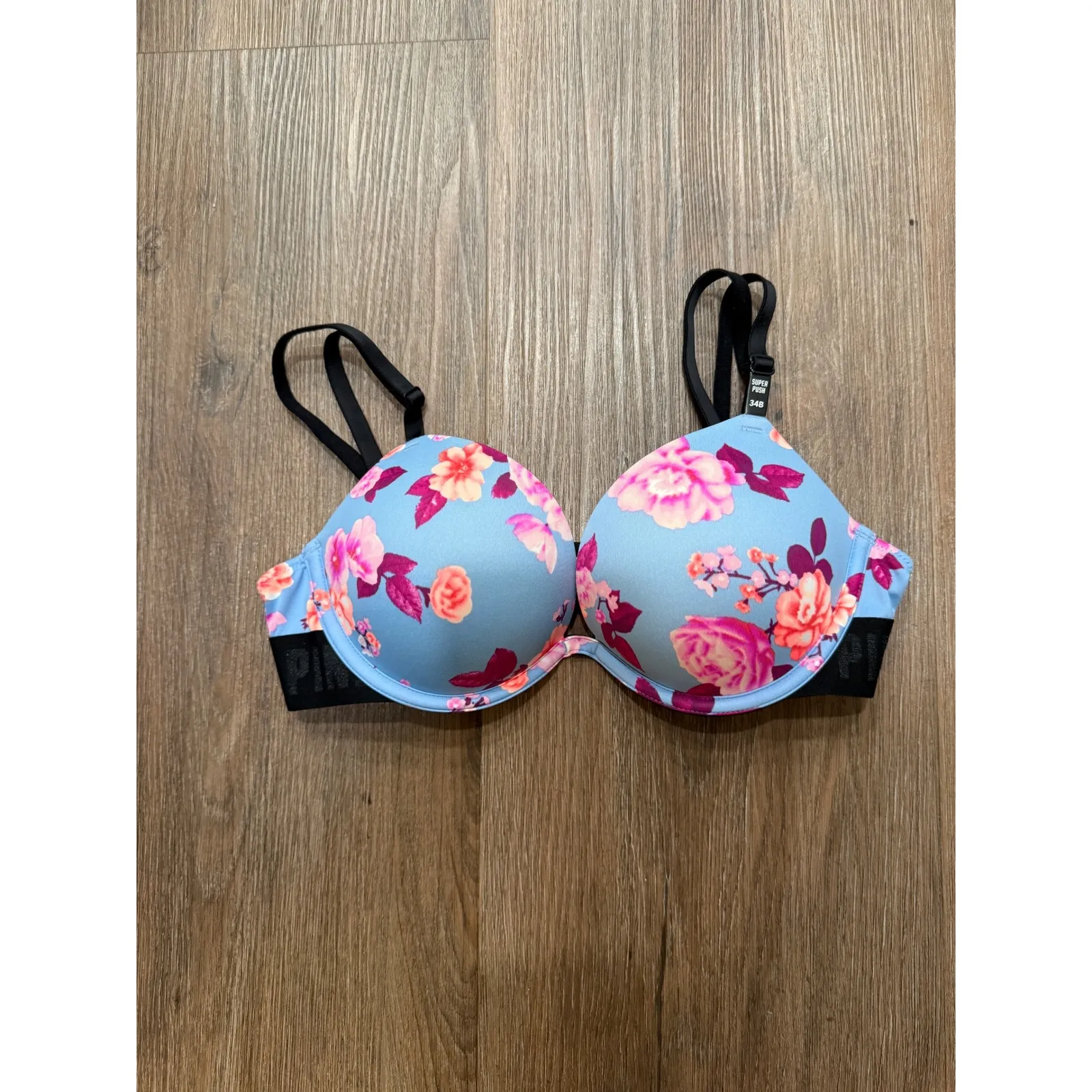 Pink by Victoria's Secret Push Up Bra Floral Blue Pink Black Straps 34B Size undefined - Image 2