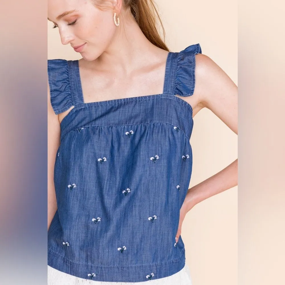 Harper Heritage Denim Ruffled Tank Top with Floral Embroidery | M - Image 5