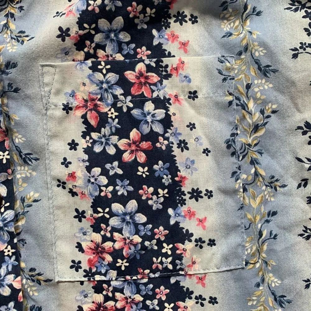 Vintage Tapestry Shirt Blue Floral Detail Long Sleeve Button Front Roll Tab Size M - Image 7