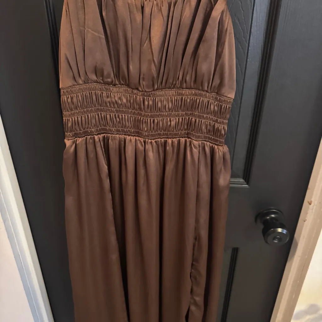 Abercrombie Medium Brown Shocked Satin Slit Sleeveless Elegant Maxi Dress - Image 2