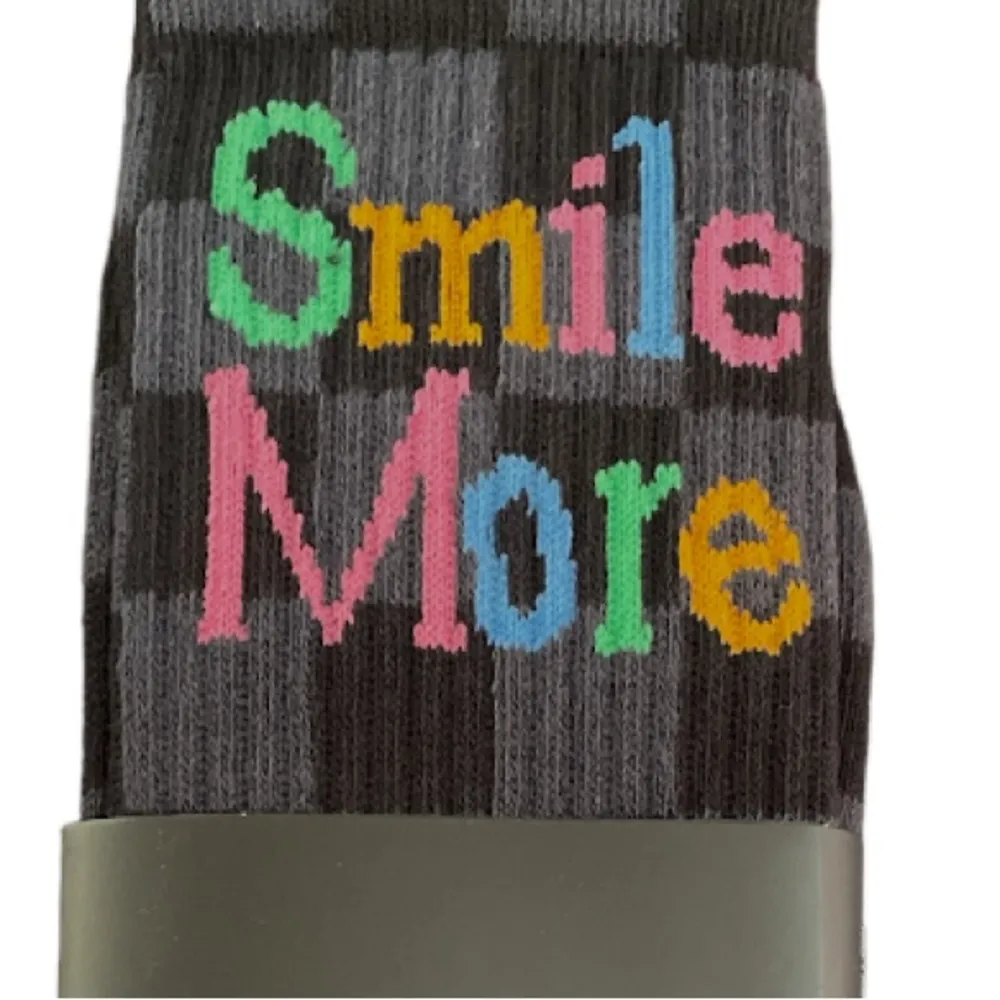 Petals and Peacocks Smile More Checkered Crew Socks Black Gray One Size - Image 3