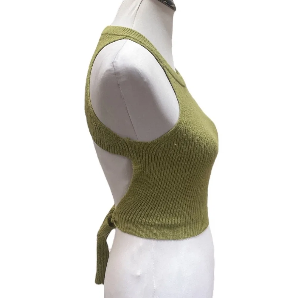Zaful Knit Ribbed Open Back Cropped Top Olive Green Size Small - Image 3