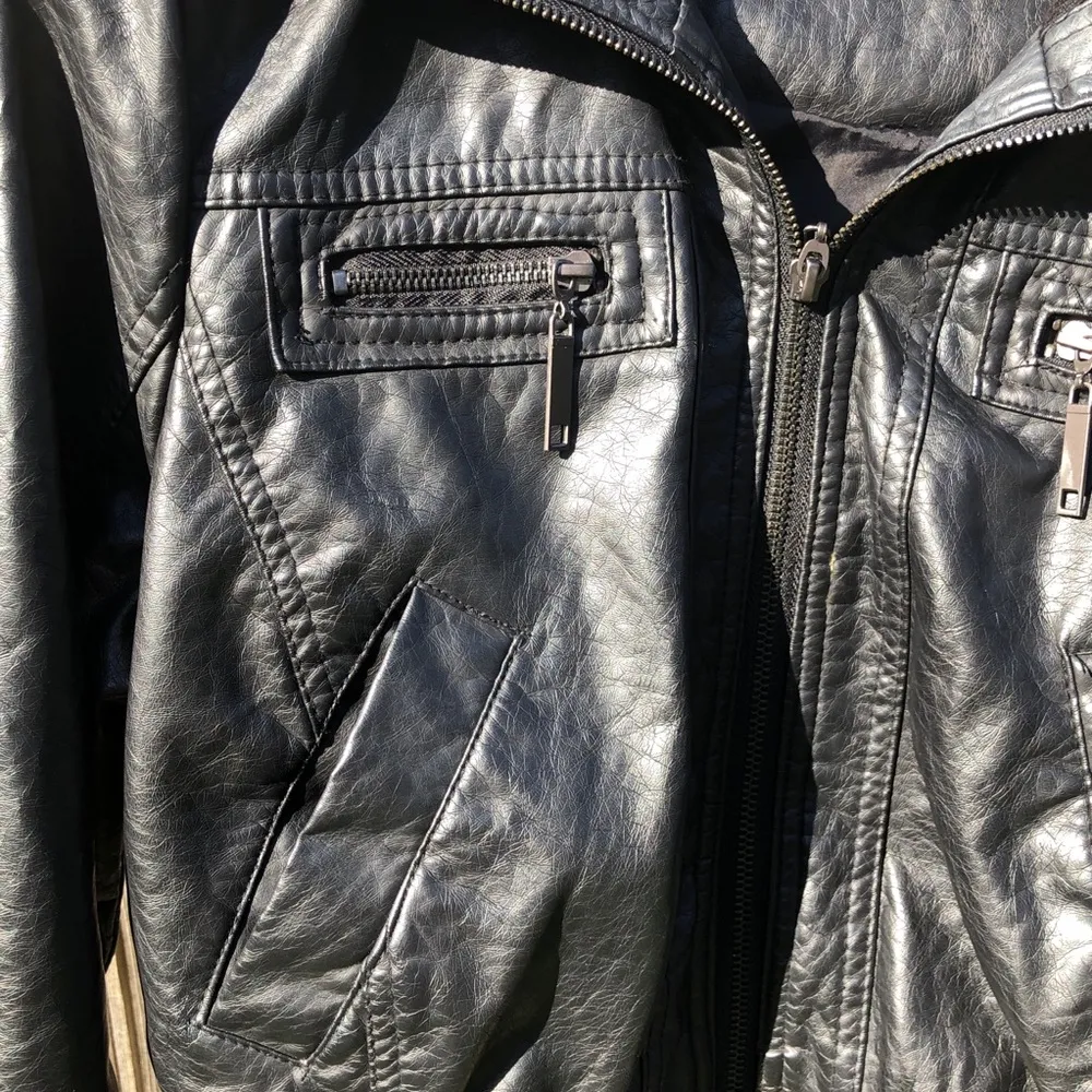 Vintage Black Faux Leather Full Zip Jacket with knit hem and collar XL - Image 5