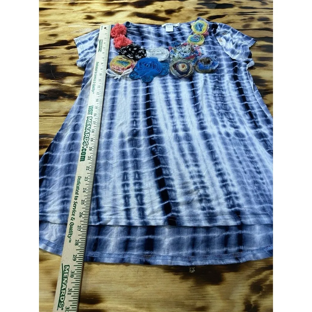 Feratelli Womans Top Blouse Large blue‎ 3d flowers tie dye Lagenlook Art to Wear - Image 3