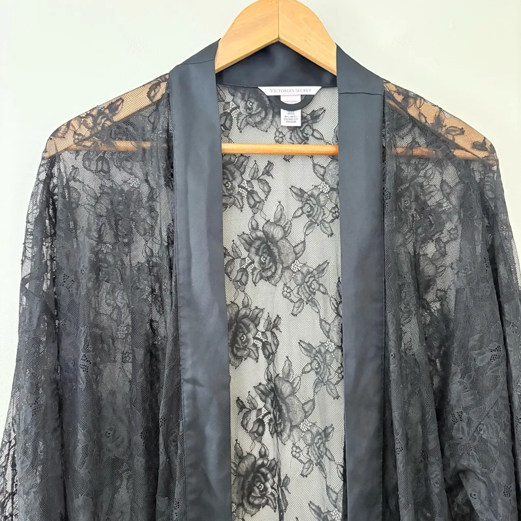 Victoria’s Secret Black Lace Kimono Robe Sheer Floral Size M/L - Image 6
