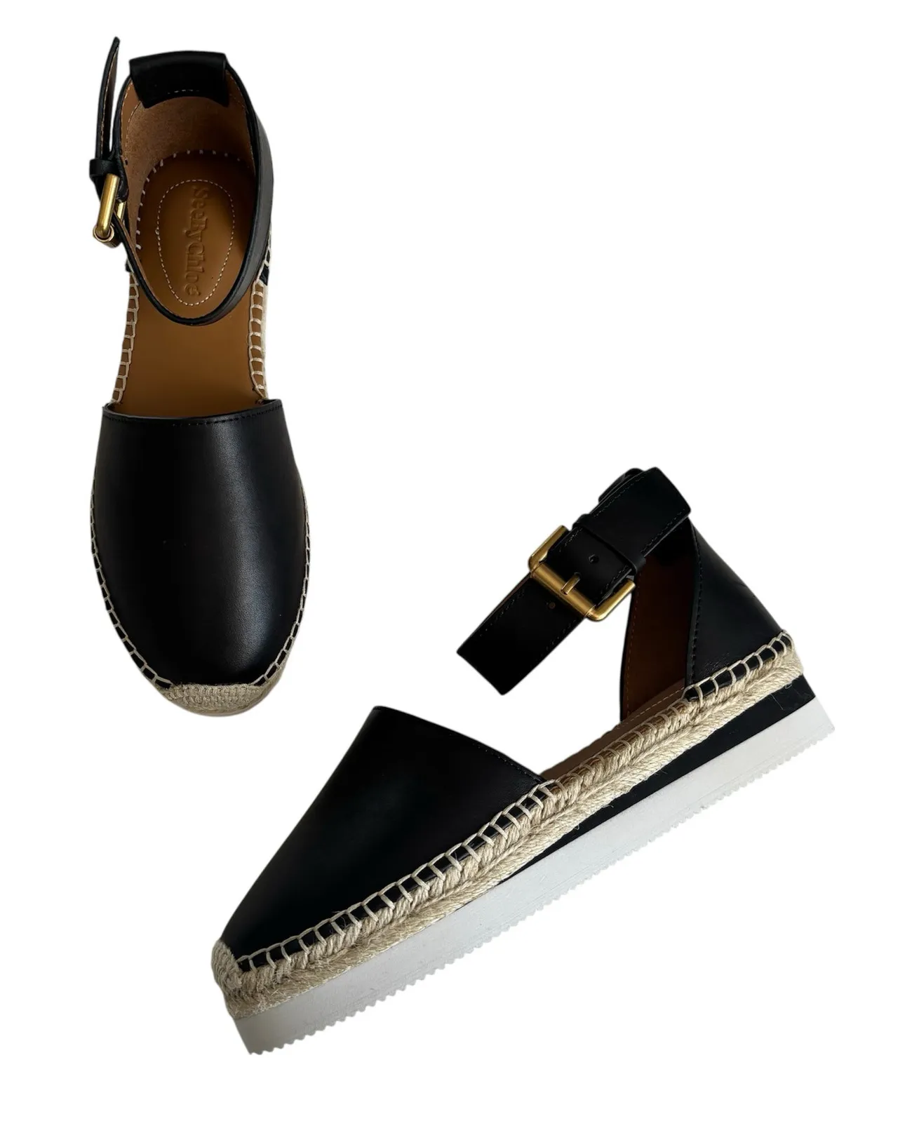 See by Chloe Glyn Black Leather Platform Ankle Strap Espadrilles Women’s Size 36 - Image 1