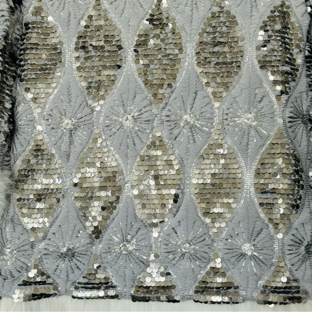 NWT Band of the Free Boho Sequin Faux Fur Open Front Jacket Size XS Gray - Image 10