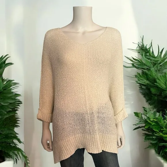 She + Sky Cream Knit Oversized Slouchy V Neck Sweater Boho Tunic Top One Size - Image 2